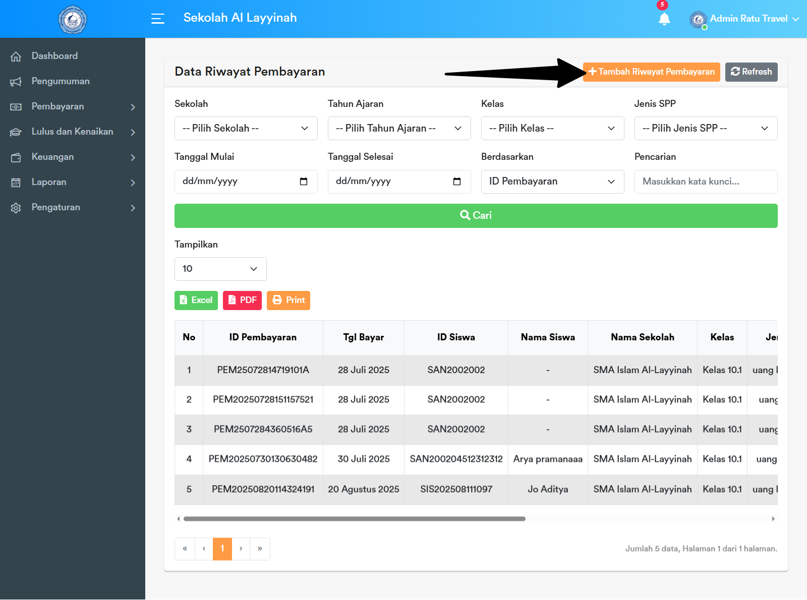Tombol Tambah Riwayat Pembayaran